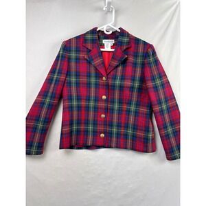 Vintage David Brooks Plaid Blazer Womens 12 Red Wool Blend Gold Crest Buttons